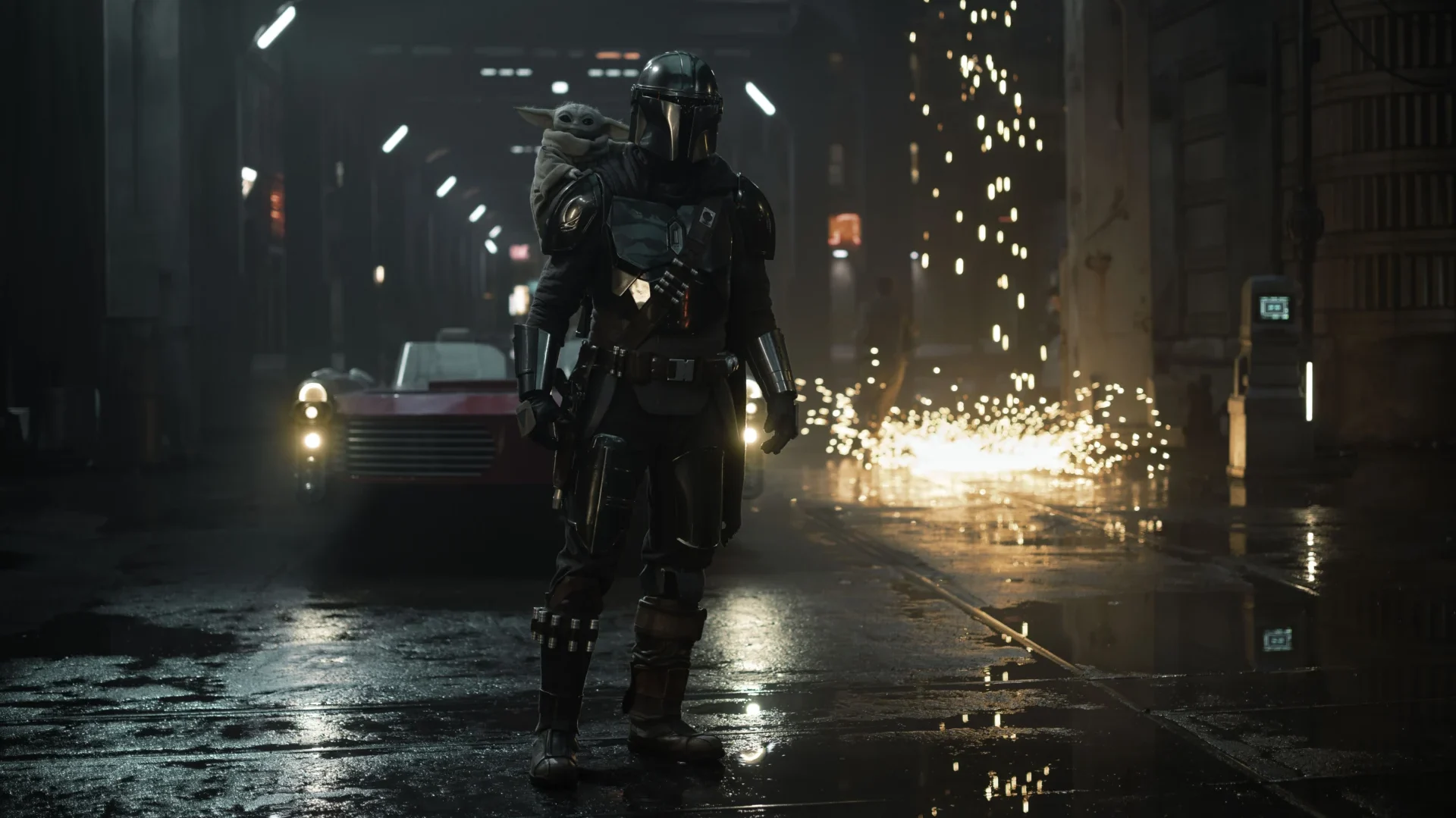 Pedro Pascal as Din Djarin and Grogu in Star Wars: The Mandalorian and Grogu.