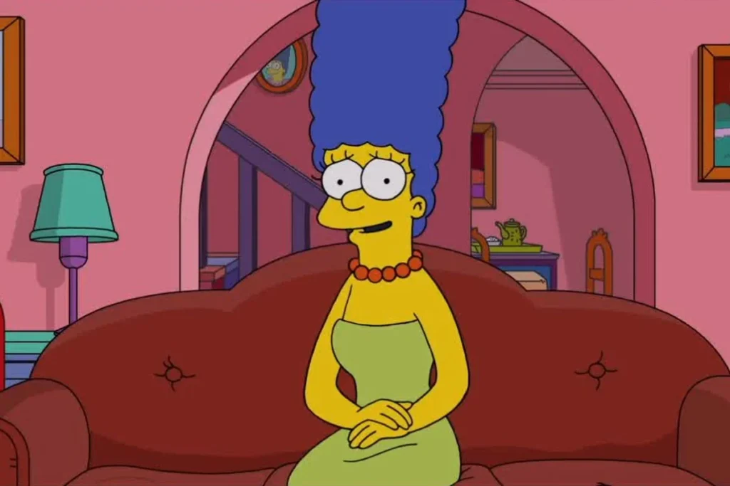 Marge Simpson sitting on the family sofa in The Simpsons