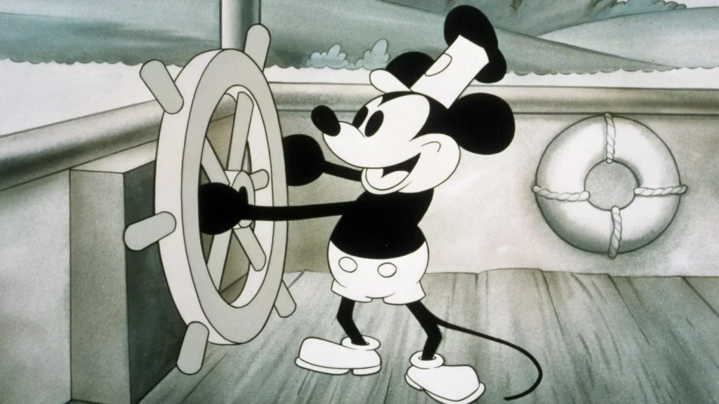 Mickey Mouse at the wheel in Steamboat Willie