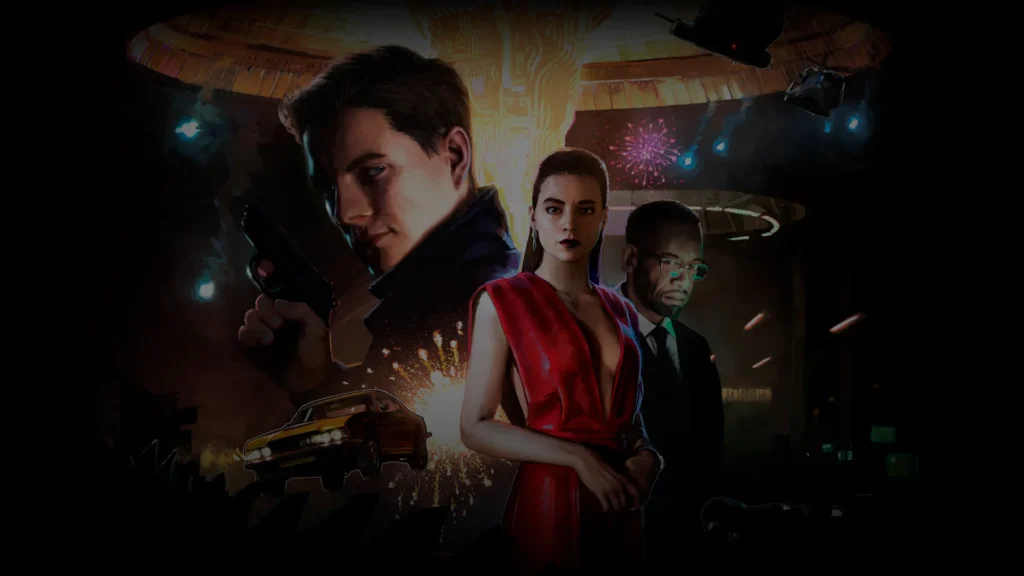 Key art for 007 First Light showing a young James Bond holding a pistol, with a woman in a red dress and a man in glasses standing in a casino behind him.